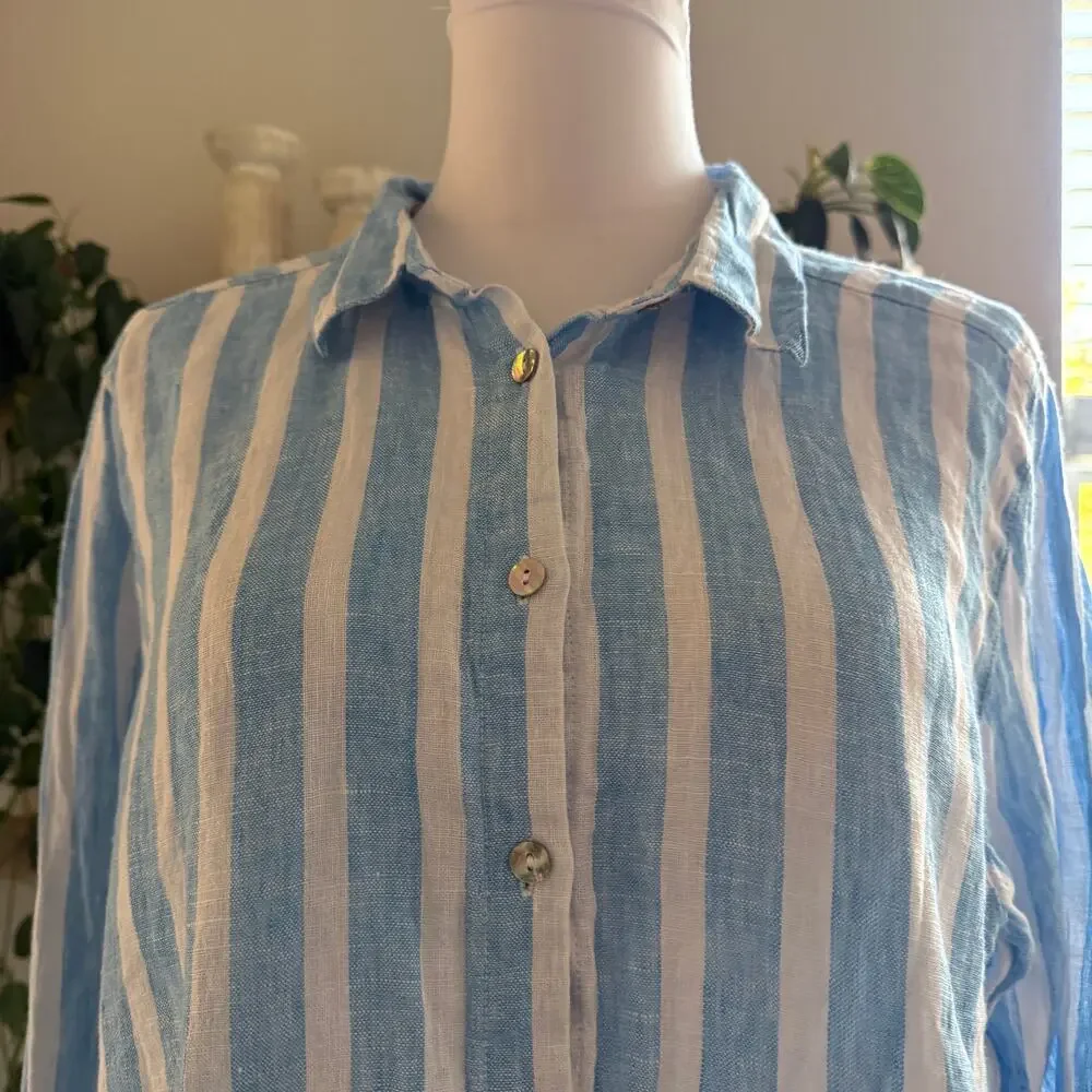 Cynthia Rowley 100% Linen Blue White Striped Button Down Shirt Large Nautical